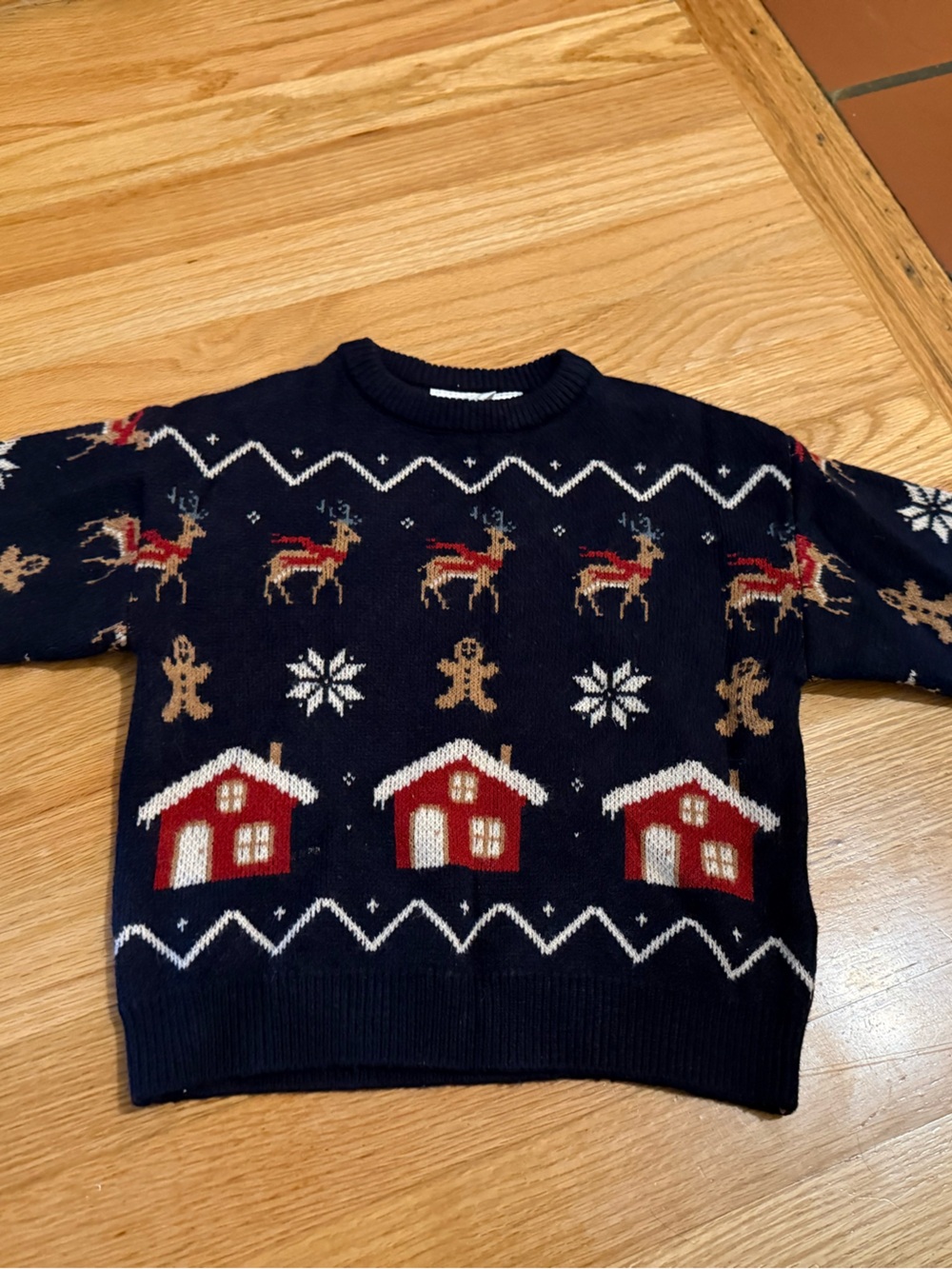 Zara Navy Holiday Knit Sweater with Red House & White Snowflake Motifs